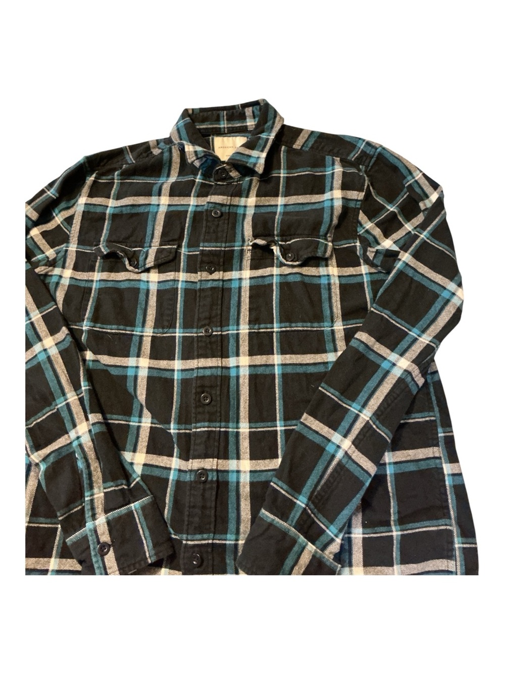 Men's Black Plaid Button-Up Shirt with Teal Stripes